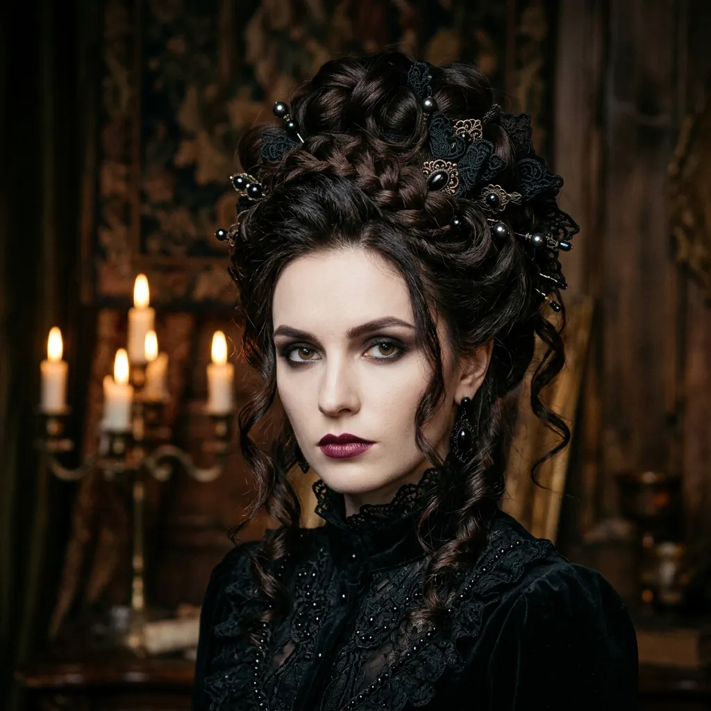 30 Goth Hairstyles Ideas: The Ultimate Guide to Dark and Dramatic Hair 6 Victorian Updo goth hairstyles Idea