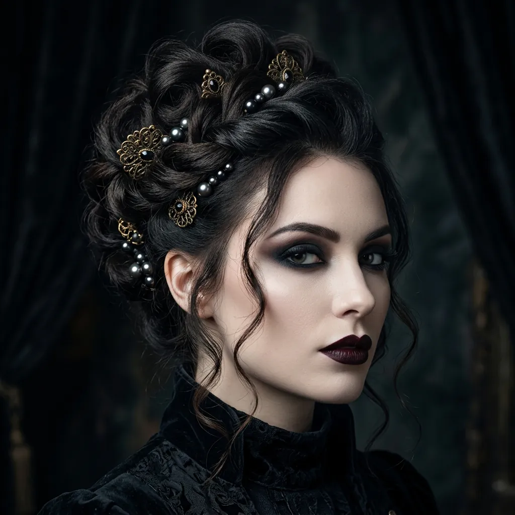 30 Goth Hairstyles Ideas: The Ultimate Guide to Dark and Dramatic Hair 27 Baroque Inspired Pinned Updo Idea