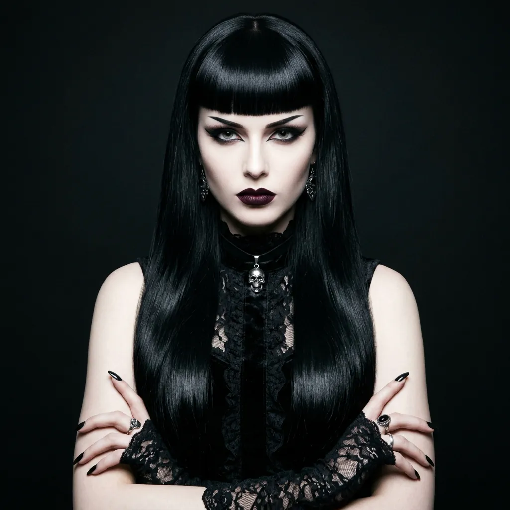 30 Goth Hairstyles Ideas: The Ultimate Guide to Dark and Dramatic Hair 25 Long Straight Black Hair with Blunt Bangs Idea