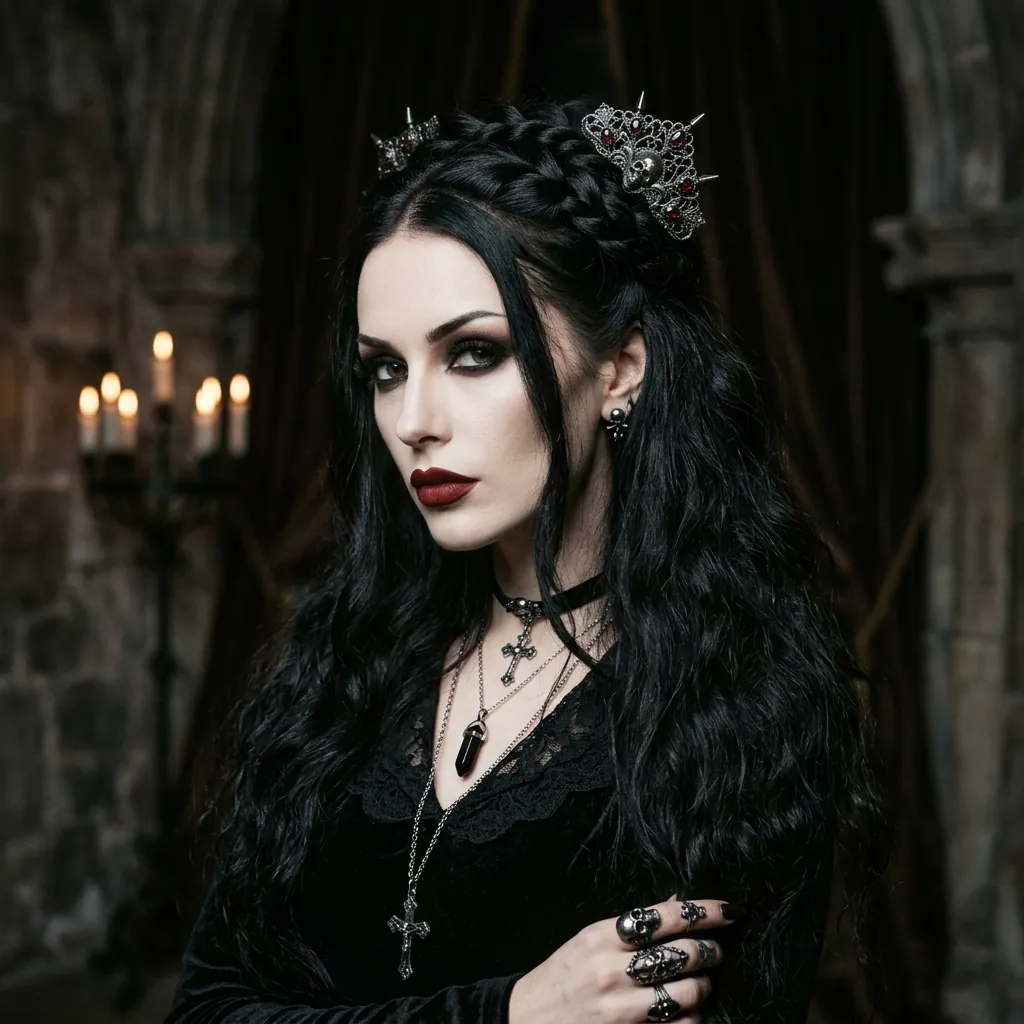 30 Goth Hairstyles Ideas: The Ultimate Guide to Dark and Dramatic Hair 13 Gothic Half Up Half Down Idea