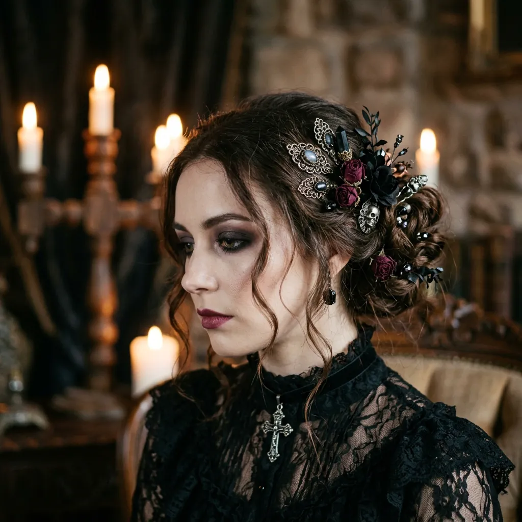 30 Goth Hairstyles Ideas: The Ultimate Guide to Dark and Dramatic Hair 31 Romantic Gothic Loose Bun Idea