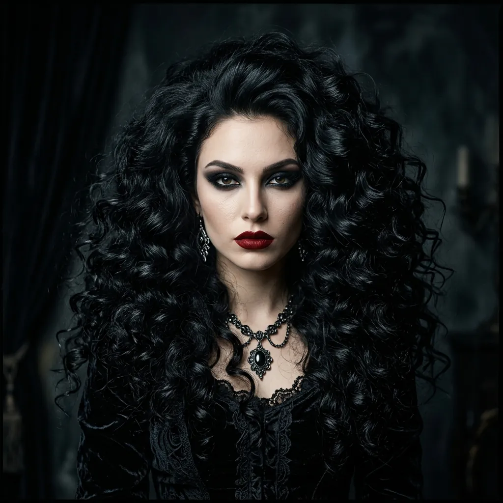 30 Goth Hairstyles Ideas: The Ultimate Guide to Dark and Dramatic Hair 2 Dark Voluminous Curls goth hairstyles Idea